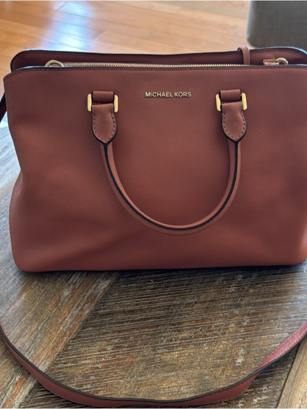 Michael Kors Brick Red Leather Satchel with Gold-Tone Hardware